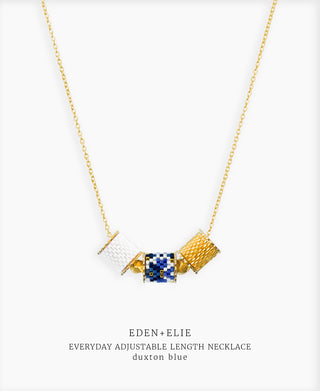Wide Gold Bangle + Adjustable Length Necklace Set - Duxton Blue