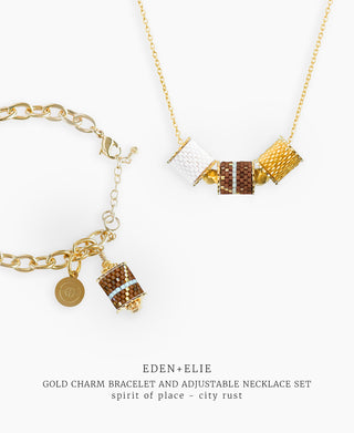 Gold Charm Bracelet + Adjustable Length Necklace Set - Spirit of Place City Rust