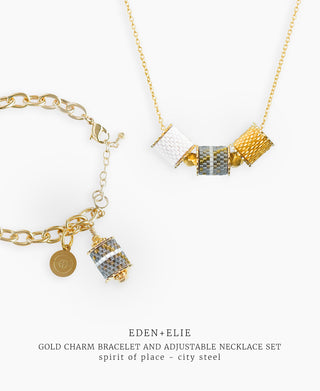 Gold Charm Bracelet + Adjustable Length Necklace Set - Spirit of Place City Steel
