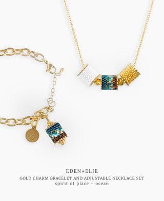 Gold Charm Bracelet + Adjustable Length Necklace Set - Spirit of Place Ocean