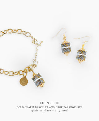 Gold Charm Bracelet + Drop Earrings Set - Spirit of Place City Steel