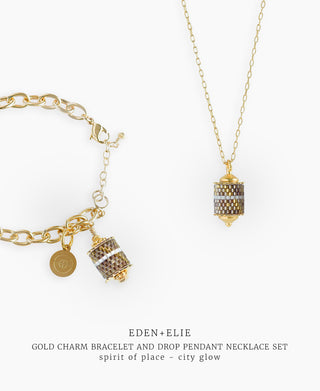Gold Charm Bracelet + Drop Pendant Necklace Set - Spirit of Place City Glow