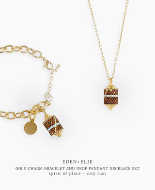 Gold Charm Bracelet + Drop Pendant Necklace Set - Spirit of Place City Rust
