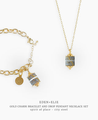 Gold Charm Bracelet + Drop Pendant Necklace Set - Spirit of Place City Steel
