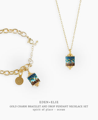 Gold Charm Bracelet + Drop Pendant Necklace Set - Spirit of Place Ocean