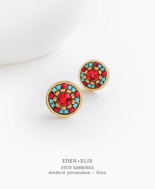 EDEN + ELIE Modern Peranakan flower stud earrings - blue