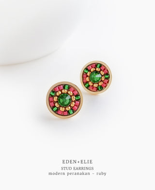 EDEN + ELIE Modern Peranakan flower stud earrings - ruby