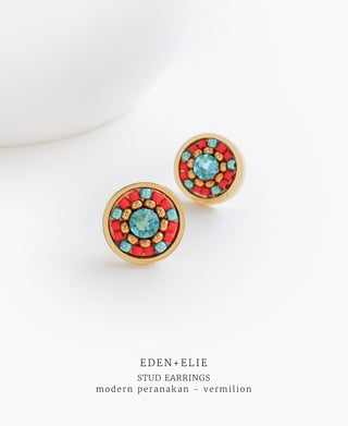 EDEN + ELIE Modern Peranakan flower stud earrings - vermilion