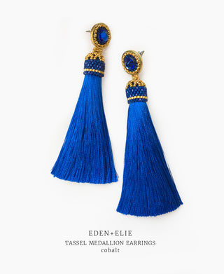 EDEN + ELIE silk tassel statement earrings - cobalt