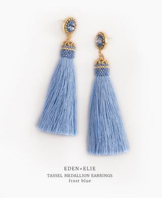 EDEN + ELIE silk tassel statement earrings - frost blue