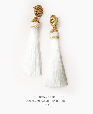 EDEN + ELIE silk tassel statement earrings - ivory