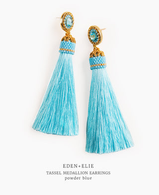 EDEN + ELIE silk tassel statement earrings - powder blue