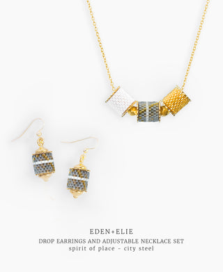 Drop Earrings + Adjustable Length Necklace Set - Spirit of Place City Steel