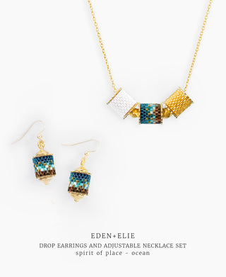 Drop Earrings + Adjustable Length Necklace Set - Spirit of Place Ocean