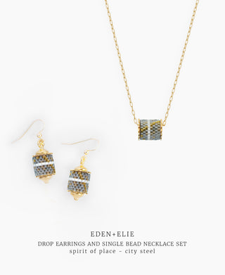 Drop Earrings + Single Bead Necklace Set - Spirit of Place City Steel