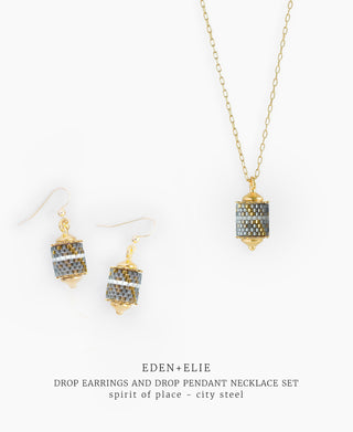 Drop Earrings + Drop Pendant Necklace Set - Spirit of Place City Steel