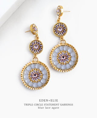 EDEN + ELIE Luxe triple circle statement drop earrings - Blue Lace Agate
