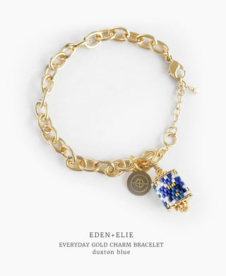 Gold Charm Bracelet + Drop Pendant Necklace Set - Duxton Blue