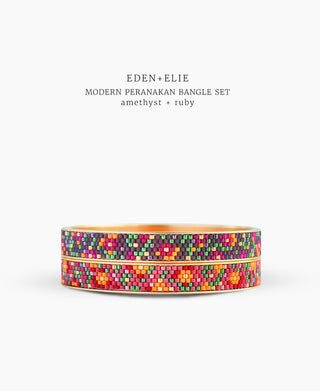 EDEN + ELIE Modern Peranakan gold narrow bangles set of 2 - amethyst + ruby