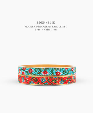 EDEN + ELIE Modern Peranakan gold narrow bangles set of 2 - blue + vermilion