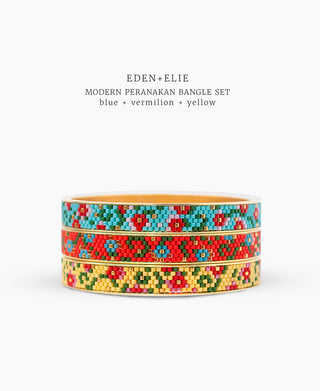 EDEN + ELIE Modern Peranakan gold narrow bangles set of 3 - blue + vermilion + yellow