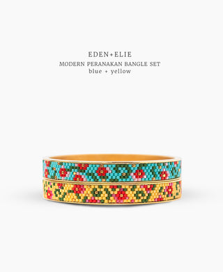 EDEN + ELIE Modern Peranakan gold narrow bangles set of 2 - blue + yellow