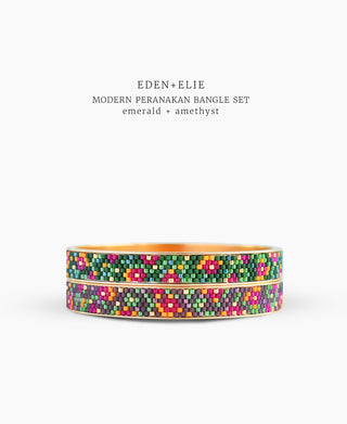 EDEN + ELIE Modern Peranakan gold narrow bangles set of 2 - emerald + amethyst