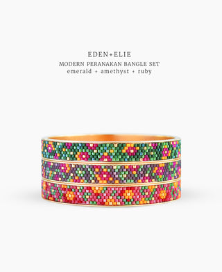 EDEN + ELIE Modern Peranakan gold narrow bangles set of 3 - emerald + amethyst + ruby