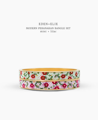 EDEN + ELIE Modern Peranakan gold narrow bangles set of 2 - mint + lilac