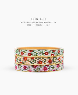 EDEN + ELIE Modern Peranakan gold narrow bangles set of 3 - mint + lilac + peach