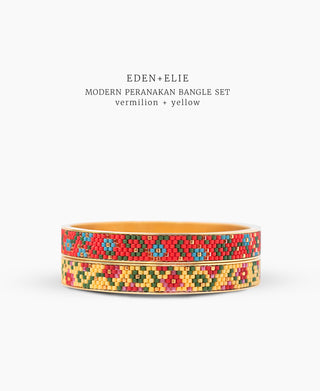 EDEN + ELIE Modern Peranakan gold narrow bangles set of 2 - vermilion + yellow
