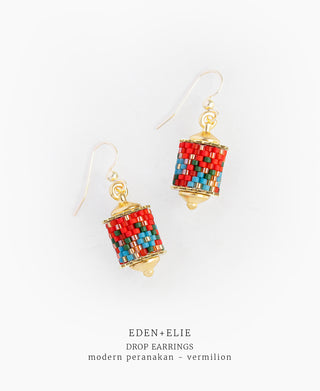 EDEN + ELIE Modern Peranakan drop earrings - vermilion