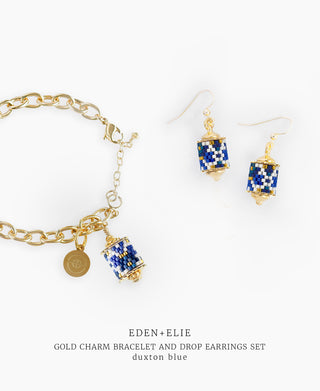 Gold Charm Bracelet + Drop Earrings Set - Duxton Blue