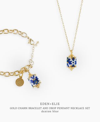 Gold Charm Bracelet + Drop Pendant Necklace Set - Duxton Blue