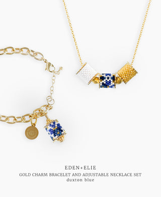Gold Charm Bracelet + Adjustable Length Necklace Set - Duxton Blue