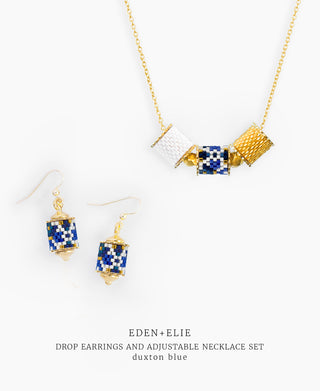 Drop Earrings + Adjustable Length Necklace Set - Duxton Blue