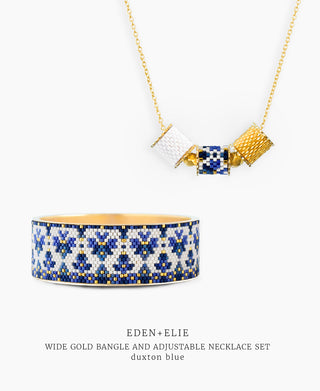 Wide Gold Bangle + Adjustable Length Necklace Set - Duxton Blue