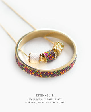 EDEN + ELIE Modern Peranakan adjustable length necklace + bangle gift set - amethyst