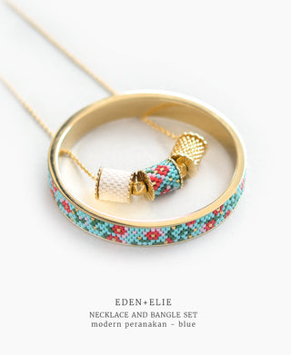 EDEN + ELIE Modern Peranakan adjustable length necklace + bangle gift set - blue