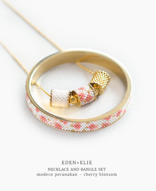 EDEN + ELIE Modern Peranakan adjustable length necklace + bangle gift set - cherry blossom