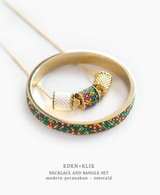EDEN + ELIE Modern Peranakan adjustable length necklace + bangle gift set - emerald