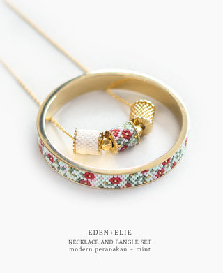 EDEN + ELIE Modern Peranakan adjustable length necklace + bangle gift set - mint