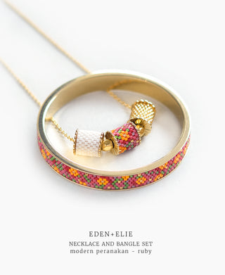 EDEN + ELIE Modern Peranakan adjustable length necklace + bangle gift set - ruby