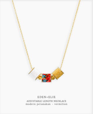 EDEN + ELIE Modern Peranakan adjustable length necklace + bangle gift set - vermilion
