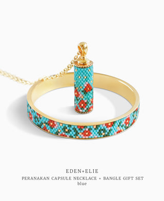 EDEN + ELIE Modern Peranakan capsule pendant necklace + bangle gift set - blue