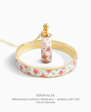 EDEN + ELIE Modern Peranakan capsule pendant necklace + bangle gift set - cherry blossom