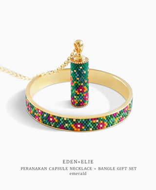EDEN + ELIE Modern Peranakan capsule pendant necklace + bangle gift set - emerald