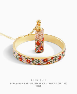 EDEN + ELIE Modern Peranakan capsule pendant necklace + bangle gift set - peach