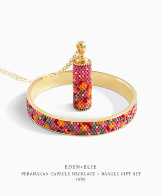 EDEN + ELIE Modern Peranakan capsule pendant necklace + bangle gift set - ruby