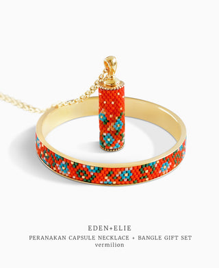 EDEN + ELIE Modern Peranakan capsule pendant necklace + bangle gift set - vermilion